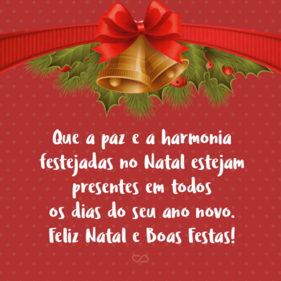 Que a paz e a harmonia festejadas no Natal estejam presentes em todos os dias do seu ano novo. Feliz Natal e Boas Festas!