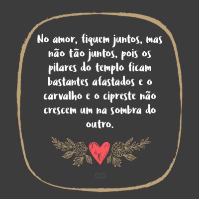 Frase de Amor - No amor, fiquem juntos, mas não tão juntos, pois os pilares do templo ficam bastantes afastados e o carvalho e o cipreste não crescem um na sombra do outro.