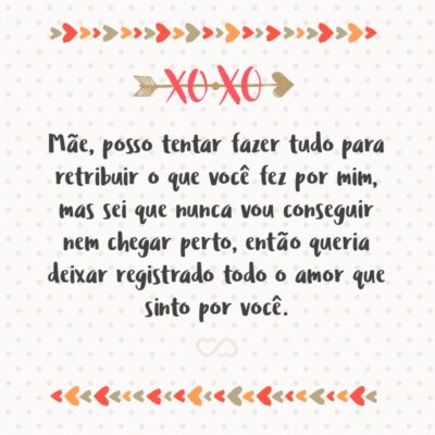 Mãe, posso tentar fazer tudo para retribuir o que você fez por mim, mas sei que nunca vou conseguir nem chegar perto, então queria deixar registrado todo o amor que sinto por você.