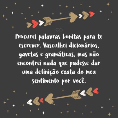 Frase de Amor - Procurei palavras bonitas para te escrever. Vasculhei dicionários, gavetas e gramáticas, mas não encontrei nada que pudesse dar uma definição exata do meu sentimento por você.