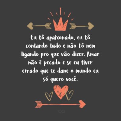 Frase de Amor - Eu tô apaixonado, eu tô contando tudo e não tô nem ligando pro que vão dizer. Amar não é pecado e se eu tiver errado que se dane o mundo eu só quero você.