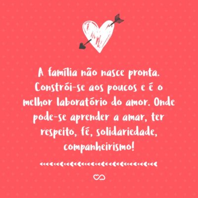 Frase de Amor - A família não nasce pronta. Constrói-se aos poucos e é o melhor laboratório do amor. Onde pode-se aprender a amar, ter respeito, fé, solidariedade, companheirismo e outros sentimentos!