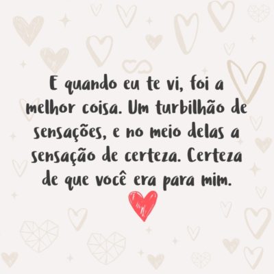 Frase de Amor - E quando eu te vi, foi a melhor coisa. Um turbilhão de sensações, e no meio delas a sensação de certeza. Certeza de que você era para mim.