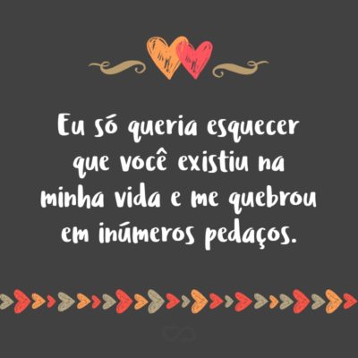 Frase de Amor - Eu só queria esquecer que você existiu na minha vida e me quebrou em inúmeros pedaços.