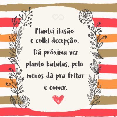 Frase de Amor - Plantei ilusão e colhi decepção. Dá próxima vez planto batatas, pelo menos dá pra fritar e comer.