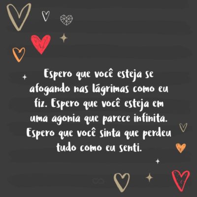 Frase de Amor - Espero que você esteja se afogando nas lágrimas como eu fiz. Espero que você esteja em uma agonia que parece infinita. Espero que você sinta que perdeu tudo como eu senti.