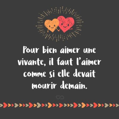 Frase de Amor - Pour bien aimer une vivante, il faut l’aimer comme si elle devait mourir demain. (Para realmente amar uma pessoa viva, é necessário amá-la como se ela fosse morrer amanhã.)