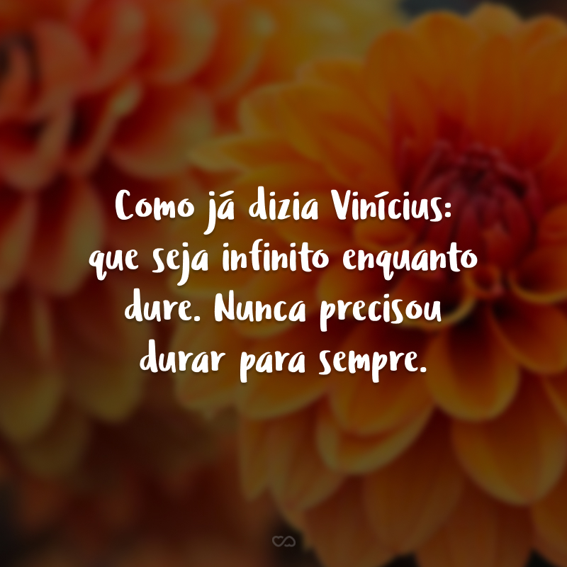 Como já dizia Vinícius: que seja infinito enquanto dure. Nunca precisou durar para sempre. 