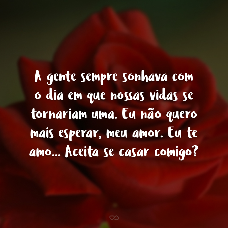 A gente sempre sonhava com o dia em que nossas vidas se tornariam uma. Eu não quero mais esperar, meu amor. Eu te amo... Aceita se casar comigo?