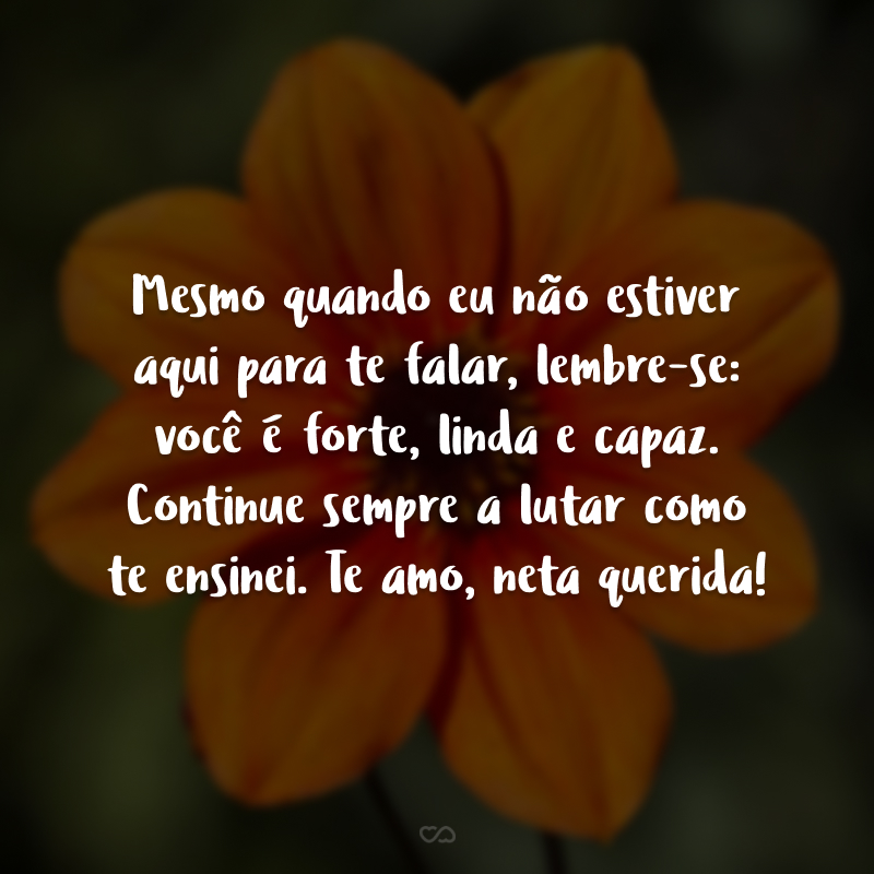 Mesmo quando eu não estiver aqui para te falar, lembre-se: você é forte, linda e capaz. Continue sempre a lutar como te ensinei. Te amo, neta querida!