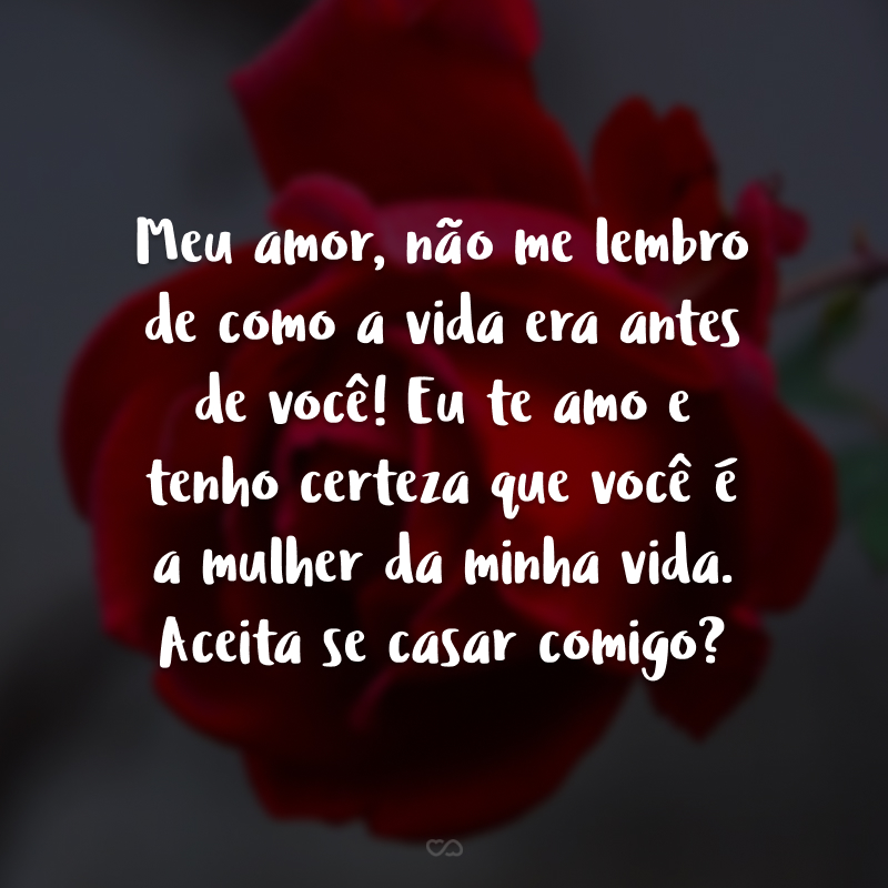 Meu amor, não me lembro de como a vida era antes de você! Eu te amo e tenho certeza que você é a mulher da minha vida. Aceita se casar comigo?