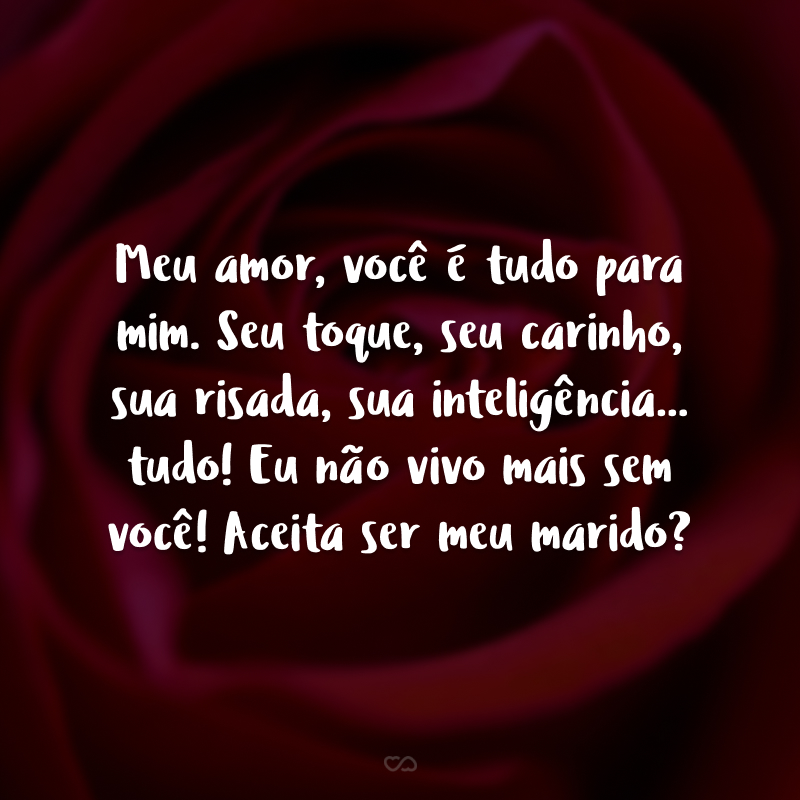 Meu amor, você é tudo para mim. Seu toque, seu carinho, sua risada, sua inteligência... tudo! Eu não vivo mais sem você! Aceita ser meu marido?