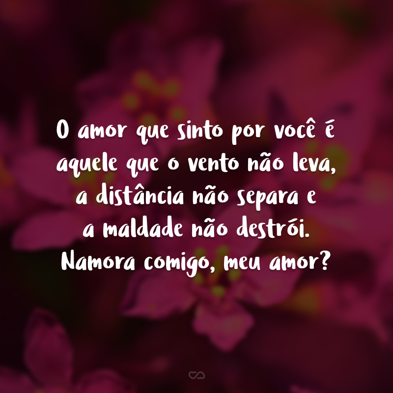 O amor que sinto por você é aquele que o vento não leva, a distância não separa e a maldade não destrói. Namora comigo, meu amor?