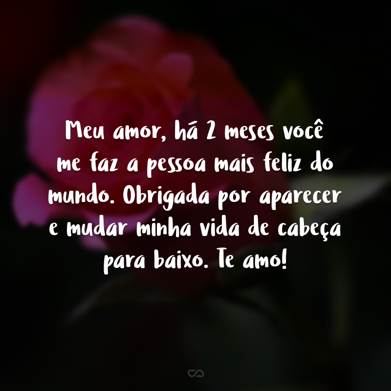 Meu amor, há 2 meses você me faz a pessoa mais feliz do mundo. Obrigada por aparecer e mudar minha vida de cabeça para baixo. Te amo!