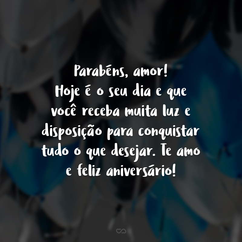 Parabéns, amor! Hoje é o seu dia e que você receba muita luz e disposição para conquistar tudo o que desejar. Te amo e feliz aniversário!