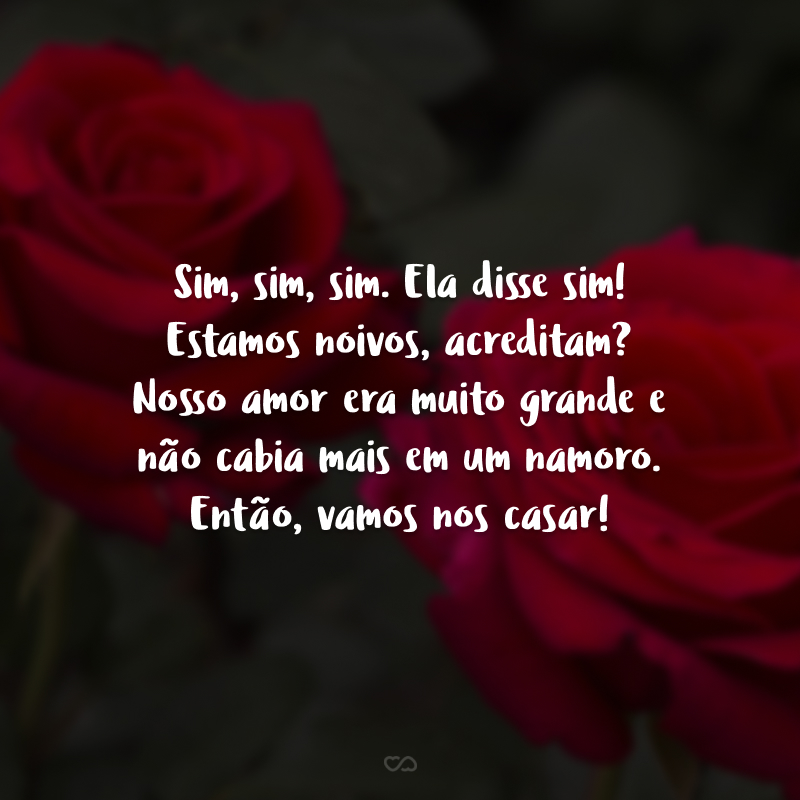 Sim, sim, sim. Ela disse sim! Estamos noivos, acreditam? Nosso amor era muito grande e não cabia mais em um namoro. Então, vamos nos casar!