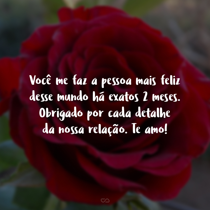 Você me faz a pessoa mais feliz desse mundo há exatos 2 meses. Obrigado por cada detalhe da nossa relação. Te amo!