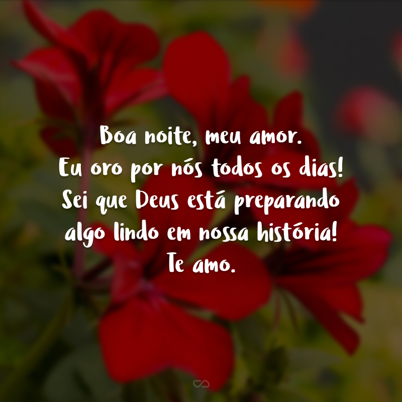 Boa noite, meu amor. Eu oro por nós todos os dias! Sei que Deus está preparando algo lindo em nossa história! Te amo.