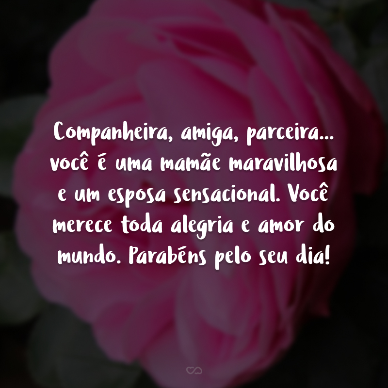 Companheira, amiga, parceira... você é uma mamãe maravilhosa e um esposa sensacional. Você merece toda alegria e amor do mundo. Parabéns pelo seu dia!