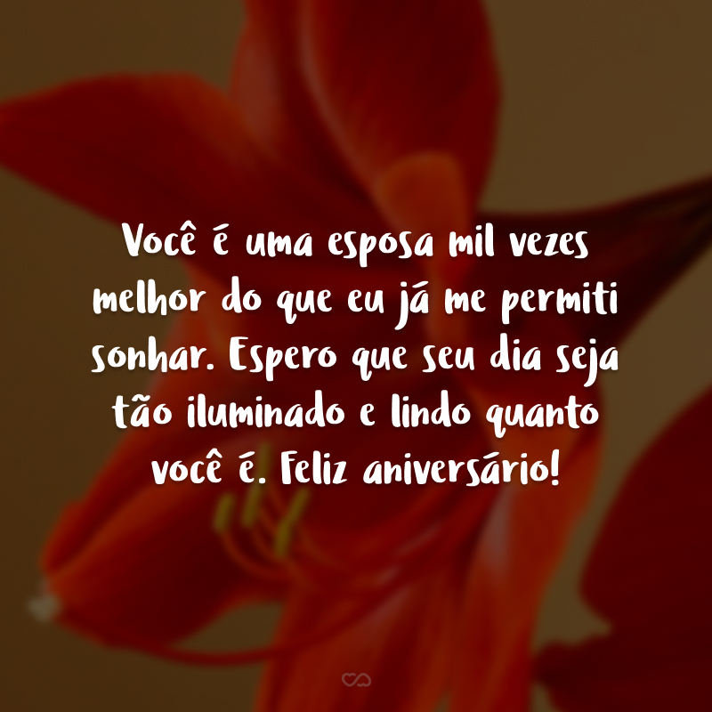 Você é uma esposa mil vezes melhor do que eu já me permiti sonhar. Espero que seu dia seja tão iluminado e lindo quanto você é. Feliz aniversário!