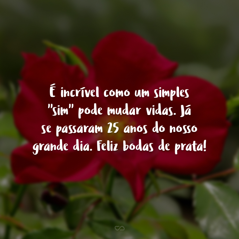 É incrível como um simples ''sim'' pode mudar vidas. Já se passaram 25 anos do nosso grande dia. Feliz bodas de prata!