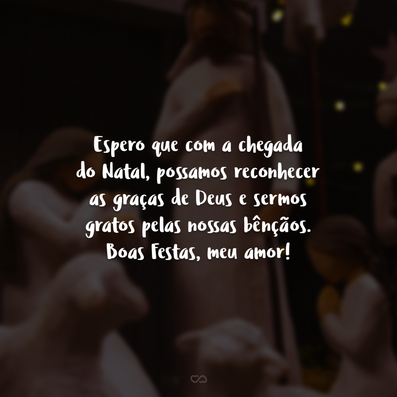 Espero que com a chegada do Natal, possamos reconhecer as graças de Deus e sermos gratos pelas nossas bênçãos. Boas Festas, meu amor!