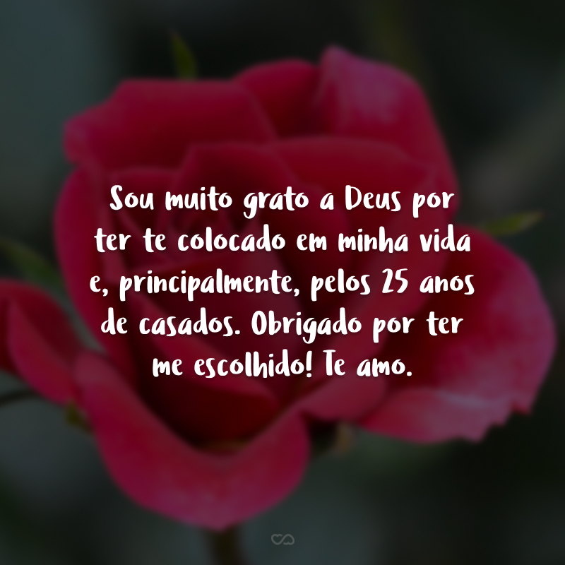 Sou muito grato a Deus por ter te colocado em minha vida e, principalmente, pelos 25 anos de casados. Obrigado por ter me escolhido! Te amo.