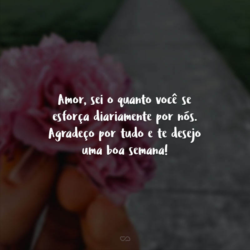 Amor, sei o quanto você se esforça diariamente por nós. Agradeço por tudo e te desejo uma boa semana!