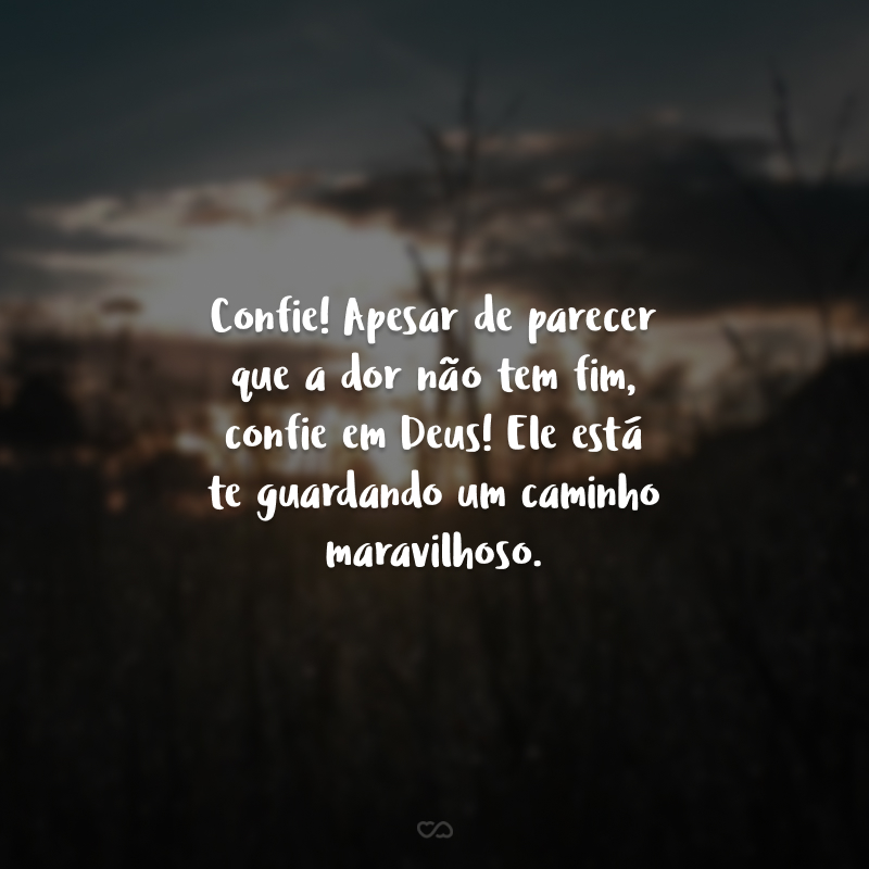 Confie! Apesar de parecer que a dor não tem fim, confie em Deus! Ele está te guardando um caminho maravilhoso.