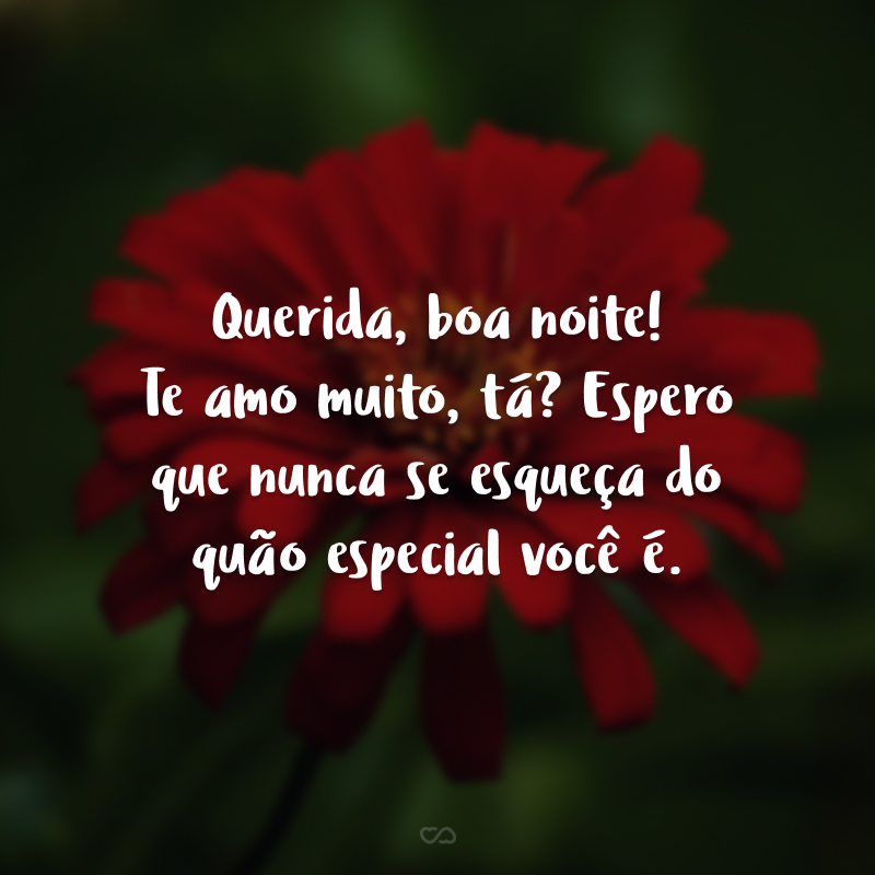 Querida, boa noite! Te amo muito, tá? Espero que nunca se esqueça do quão especial você é. 