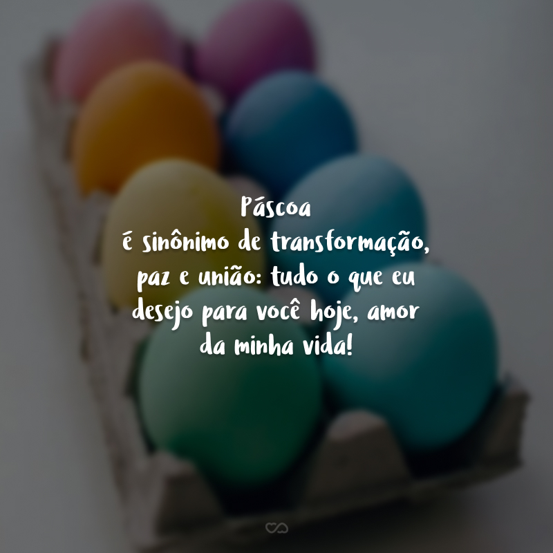 Páscoa é sinônimo de transformação, paz e união: tudo o que eu desejo para você hoje, amor da minha vida! 