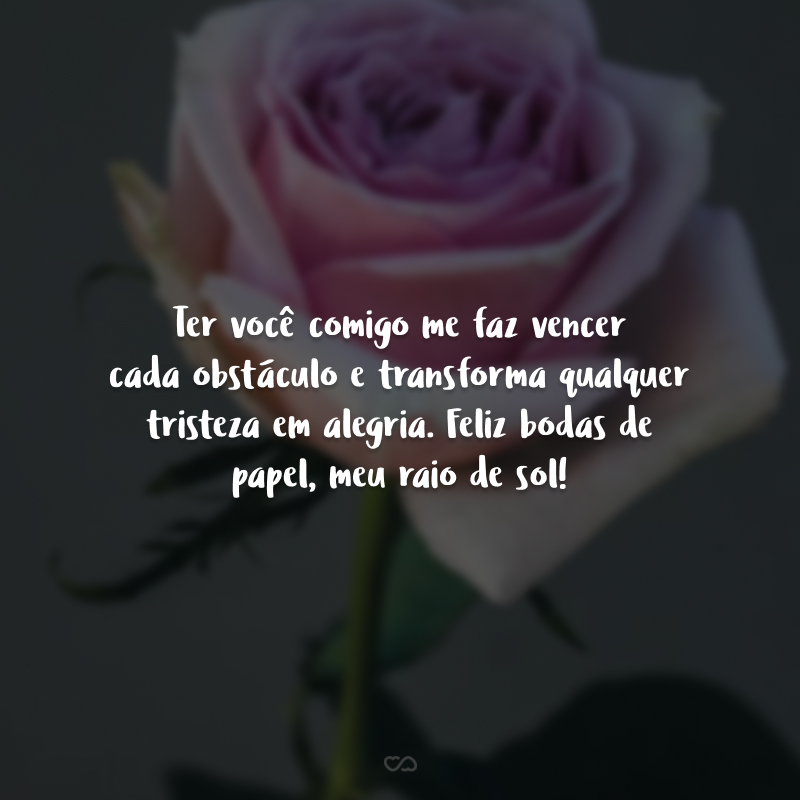 Ter você comigo me faz vencer cada obstáculo e transforma qualquer tristeza em alegria. Feliz bodas de papel, meu raio de sol!