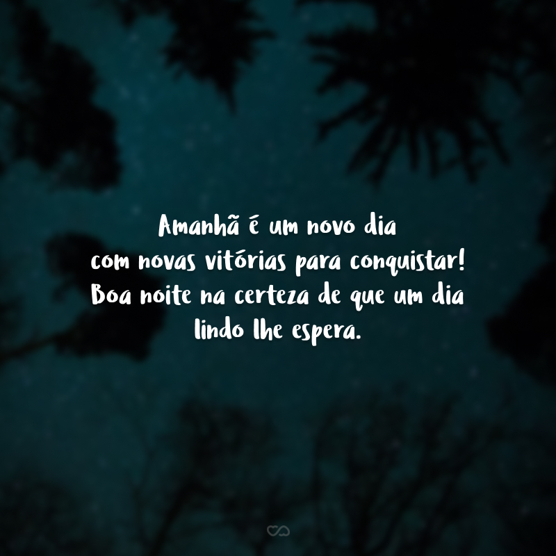 Amanhã é um novo dia com novas vitórias para conquistar! Boa noite na certeza de que um dia lindo lhe espera.