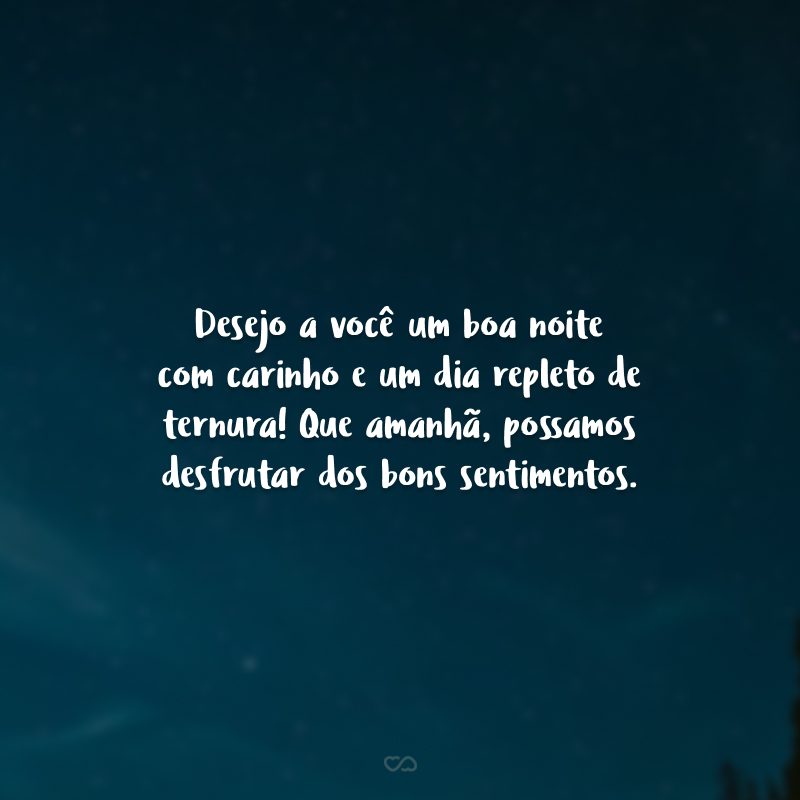 Desejo a você um boa noite com carinho e um dia repleto de ternura! Que amanhã, possamos desfrutar dos bons sentimentos.